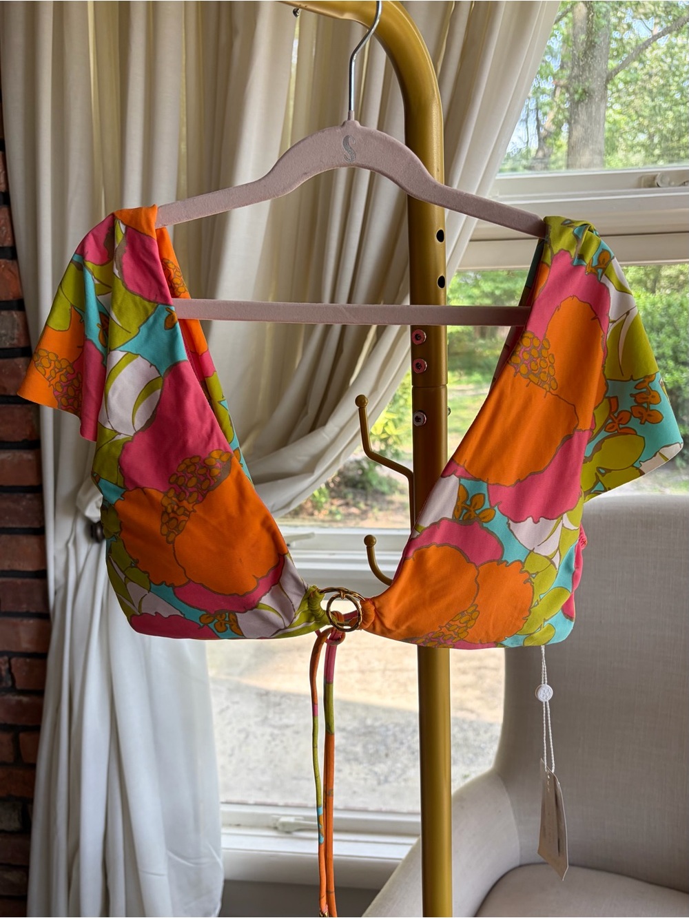 Trina Turk Orange & Pink Floral Ring-Front Swim Crop Top